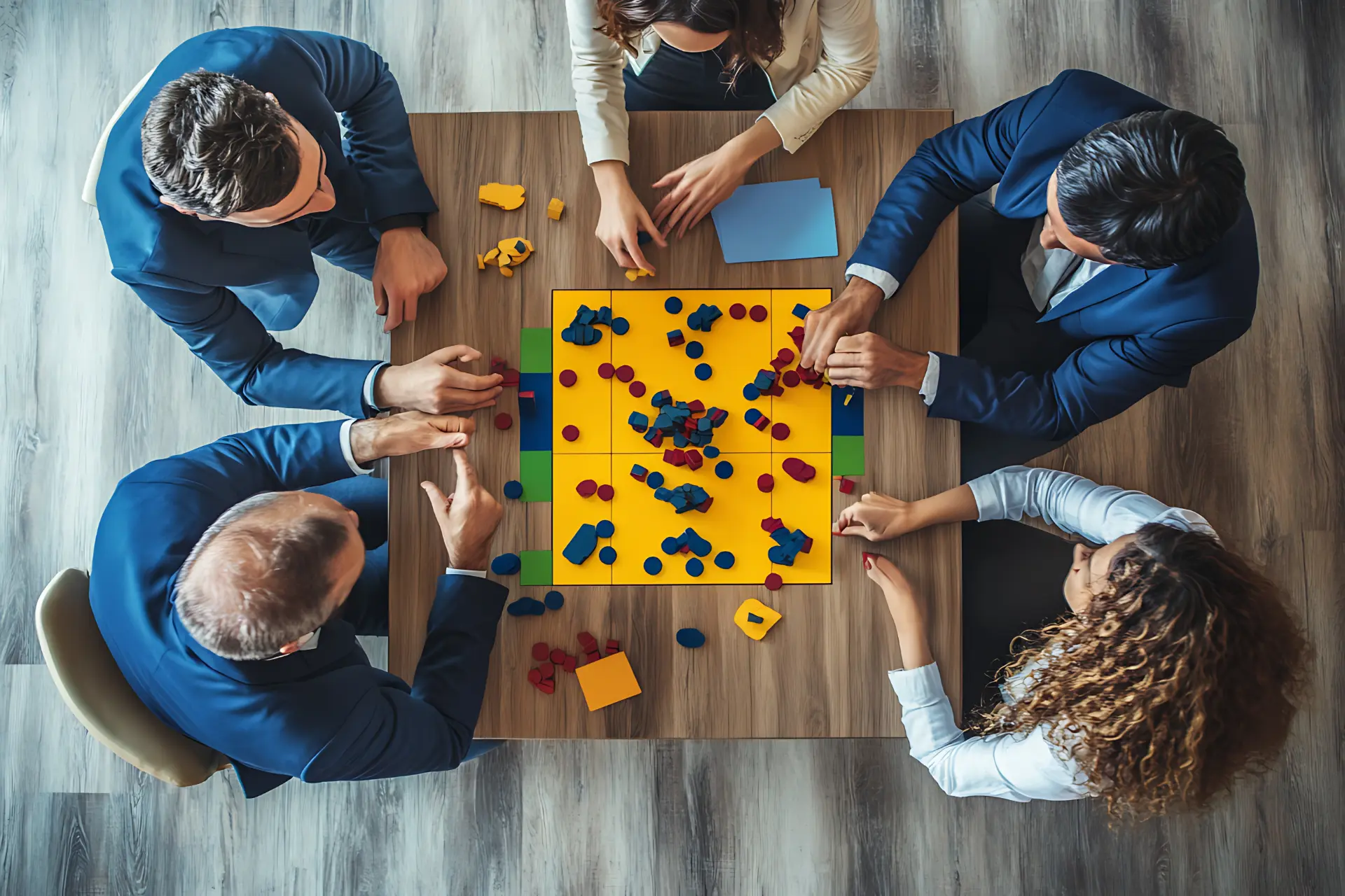 Jogos para aprender inglês: cinco pessoas ao redor de um tabuleiro colorido, vistas de cima