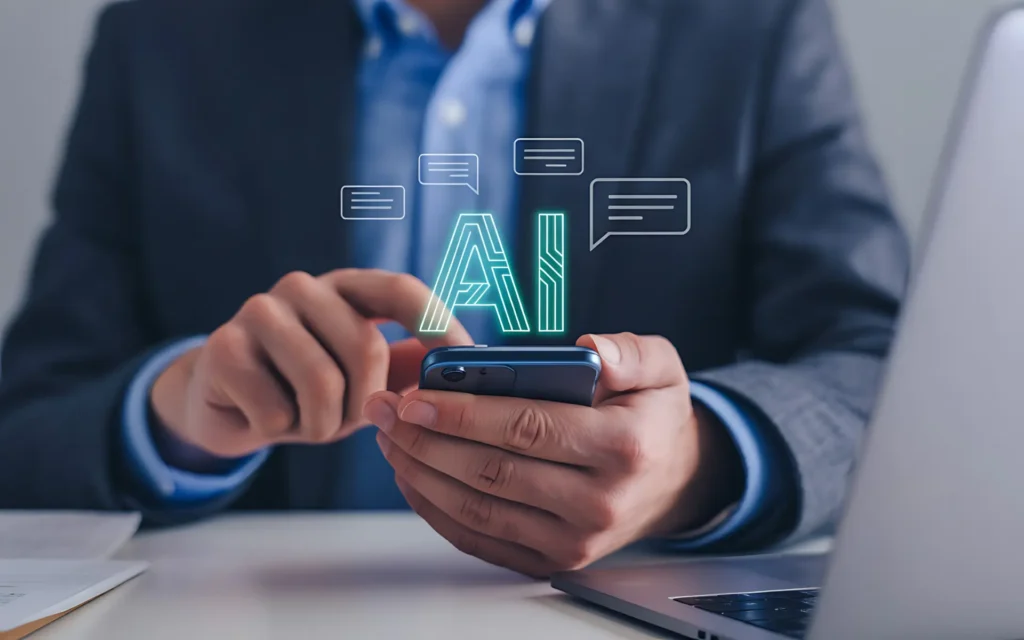 Inglês com inteligência artificial: homem usa um aplicativo de IA no celular ao lado do laptop