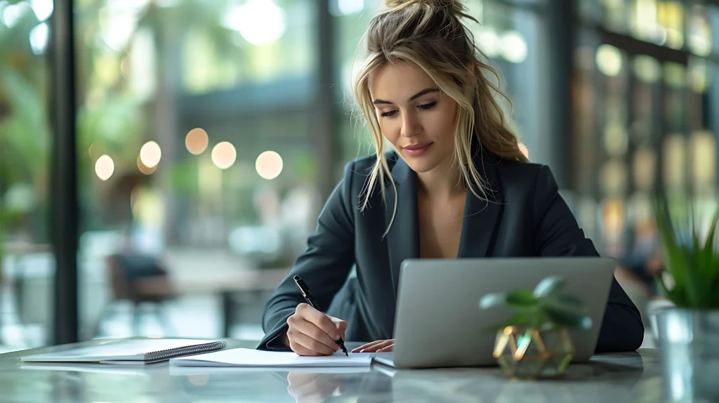 Como substituir o very em inglês: mulher anota alternativas mais fortes ao lado do laptop