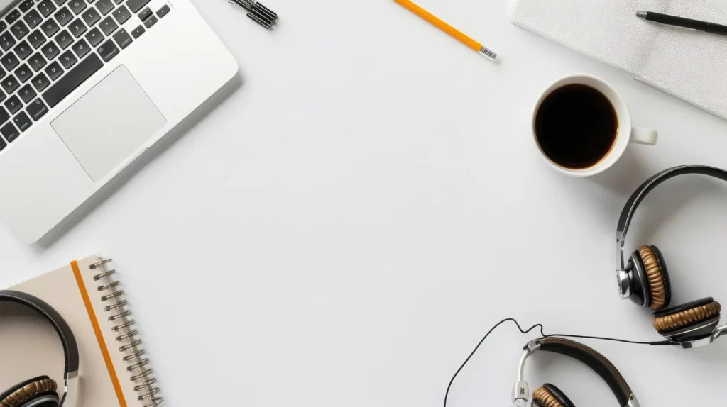 Estação de trabalho moderna com laptop, fones e caderno para estudar inglês